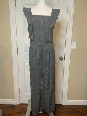 Walter Baker Gray Prince of Wales Check Ruffle Sleeveless Jumpsuit, Size Medium